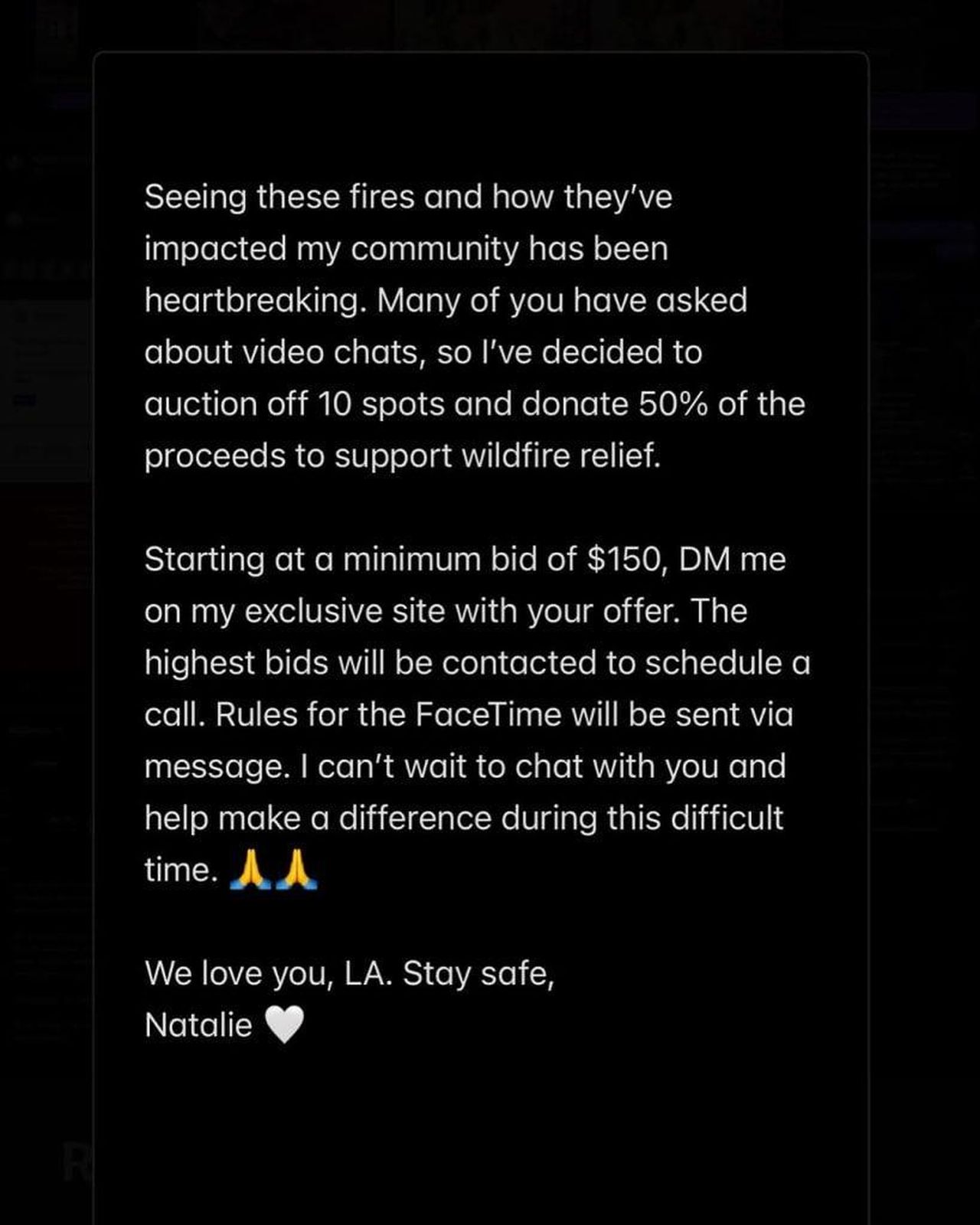 Natalie_Mordovtseva_sta_cercando_di_guadagnare_dagli_incendi_di_Los_Angeles_OQnSlfy189 - Confidenze24 source:thehollywoodgossip - Natalie Mordovtseva ‘sta cercando di guadagnare’ dagli incendi di Los Angeles? - Screenshot del messaggio di Instagram di Natalie Mordovtseva.