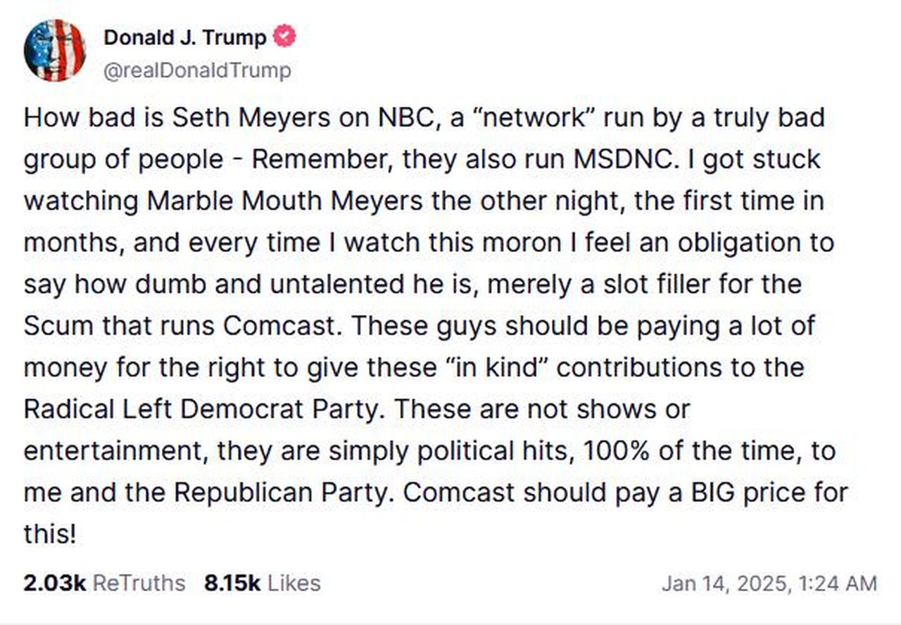 Trump_Attacca_Seth_Meyers_e_Comcast_gs6S3XanOD - Confidenze24 source:thehollywoodgossip - Trump Attacca Seth Meyers e Comcast - Screenshot del rant di Donald Trump su Truth Social