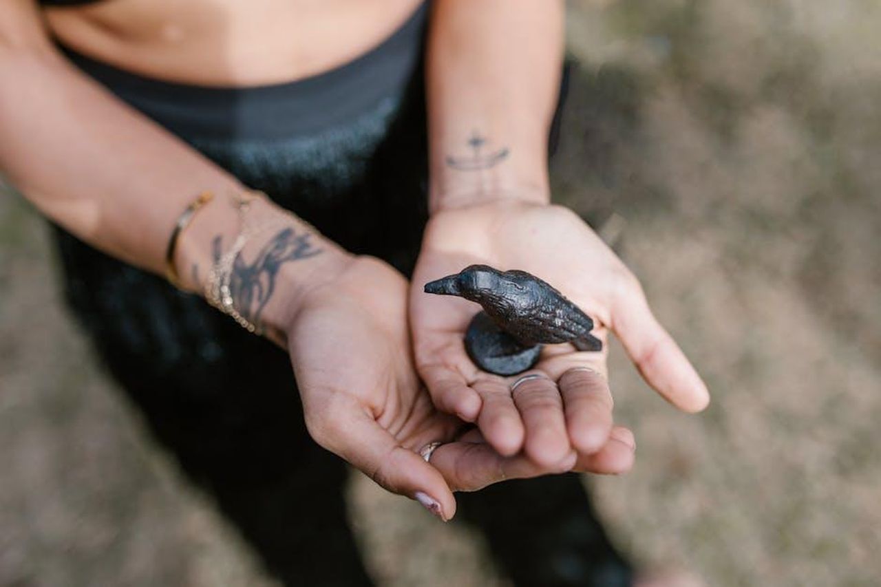 5_Vergine_MNydBBMB8n - Confidenze24 Source: RDNE Stock project - pexels - Close-up of hands holding a raven statue, symbolizing magic and spirituality outdoors.