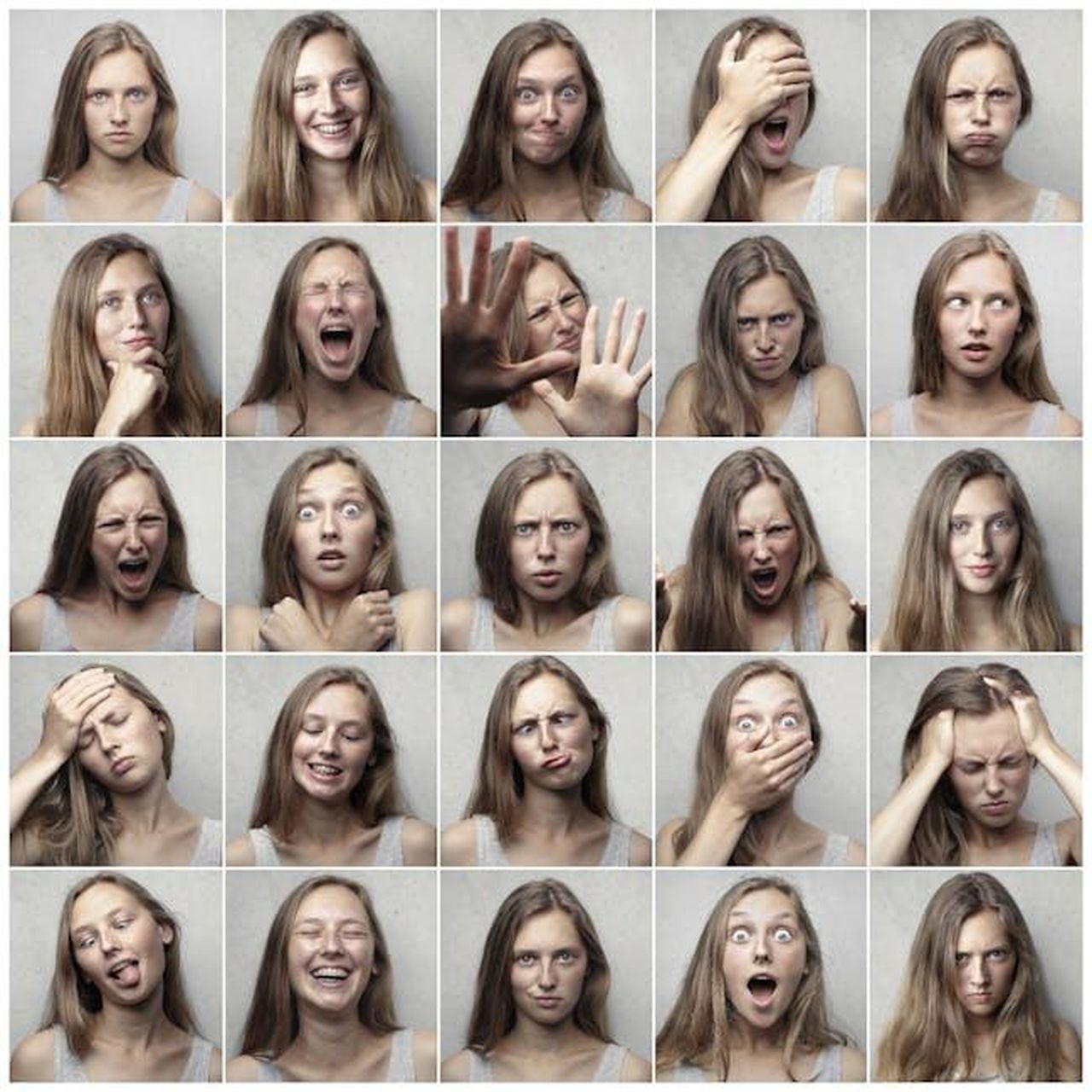 Le_reazioni_dei_concorrenti_NRYzlBZqTZ - Confidenze24 Source: Andrea Piacquadio - pexels - Multiple portraits showcasing various facial expressions and emotions of a young woman.