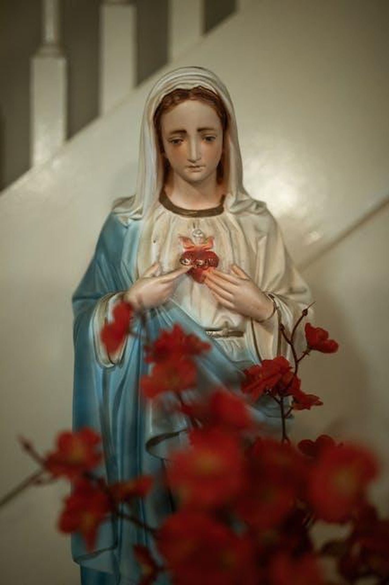 Maria_Teresa_Ruta_tira_in_ballo_Dayane_Mello_Helena_e_Zeudi_Un_copione_gi_scritto_bcsEJEkgAI - Confidenze24 Source: RDNE Stock project - pexels - Close-up of a religious Virgin Mary statue with flowers symbolizing peace and devotion.