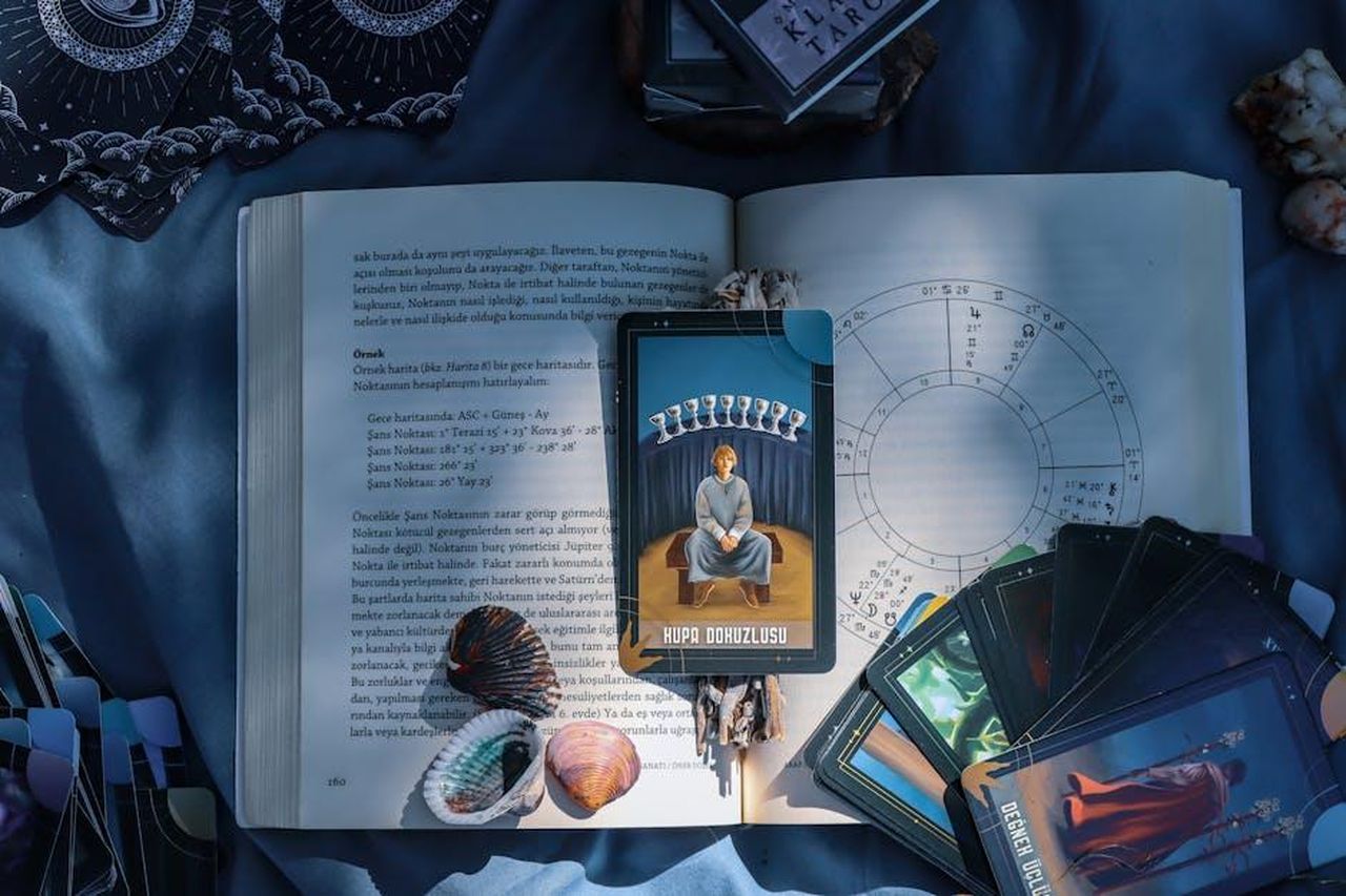 Scorpione_talento_in_quello_che_fai_YoagIIb8HW - Confidenze24 Source: dilara irem - pexels - An artistic flat lay of tarot cards and astrology on a book with seashells, featuring Kupa Dokuzlusu card.