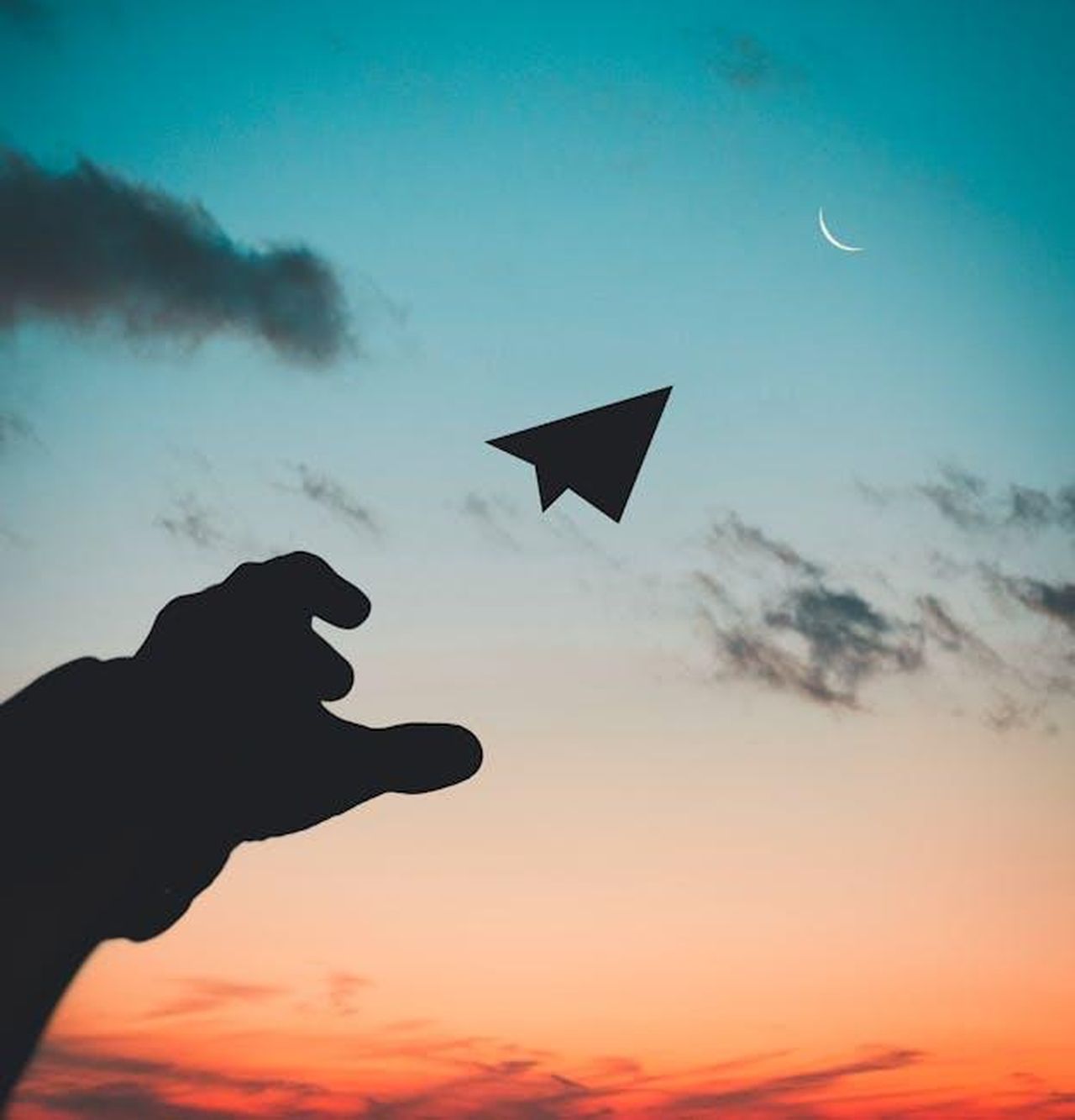 Acquario_20_gennaio__18_febbraio_9VJvfJtMoZ - Confidenze24 Source: Rakicevic Nenad - pexels - A silhouette of a hand launching a paper plane against a colorful dusk sky with a crescent moon.