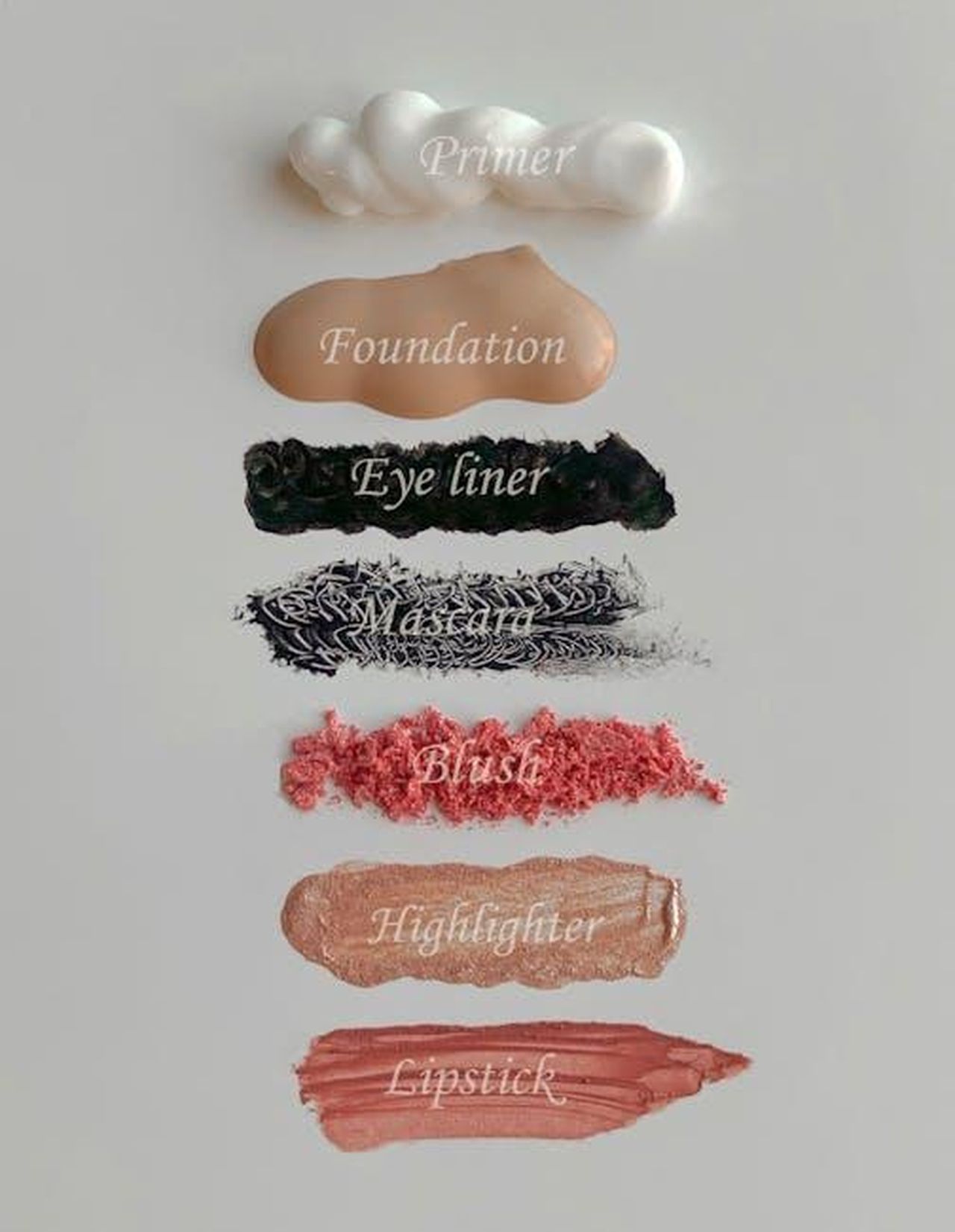 Collezione_di_Makeup_Ispirata_ai_Biscotti_delle_Girl_Scouts_U5zS26K1Ni - Confidenze24 Source: solod_sha - pexels - Stylish flat lay of cosmetics swatches including primer, foundation, eyeliner, mascara, blush, highlighter, and lipstick.