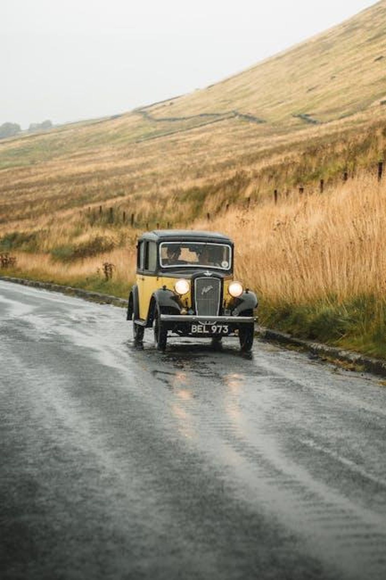 Il_ricordo_di_Sudiksha_Konanki_e_limportanza_della_sicurezza_jrFLazCdsW - Confidenze24 Source: Clément Proust - pexels - Classic vintage car driving on a wet, picturesque country road amidst golden fields.