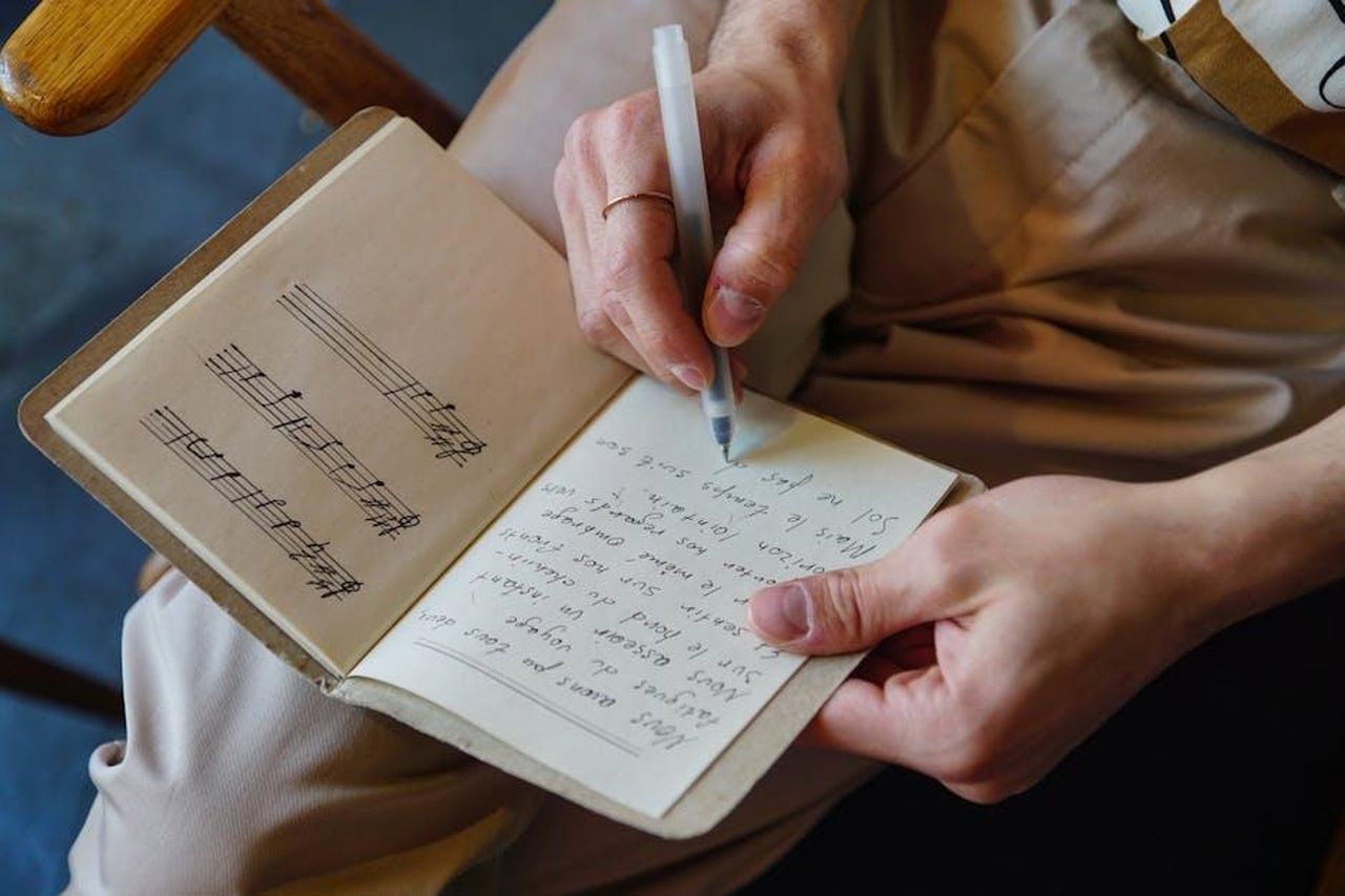 Il_significato_dietro_il_brano_Leave_6XbmpOMmDU - Confidenze24 Source: cottonbro studio - pexels - Male songwriter writes lyrics and music notes in a notebook, capturing the creative process.