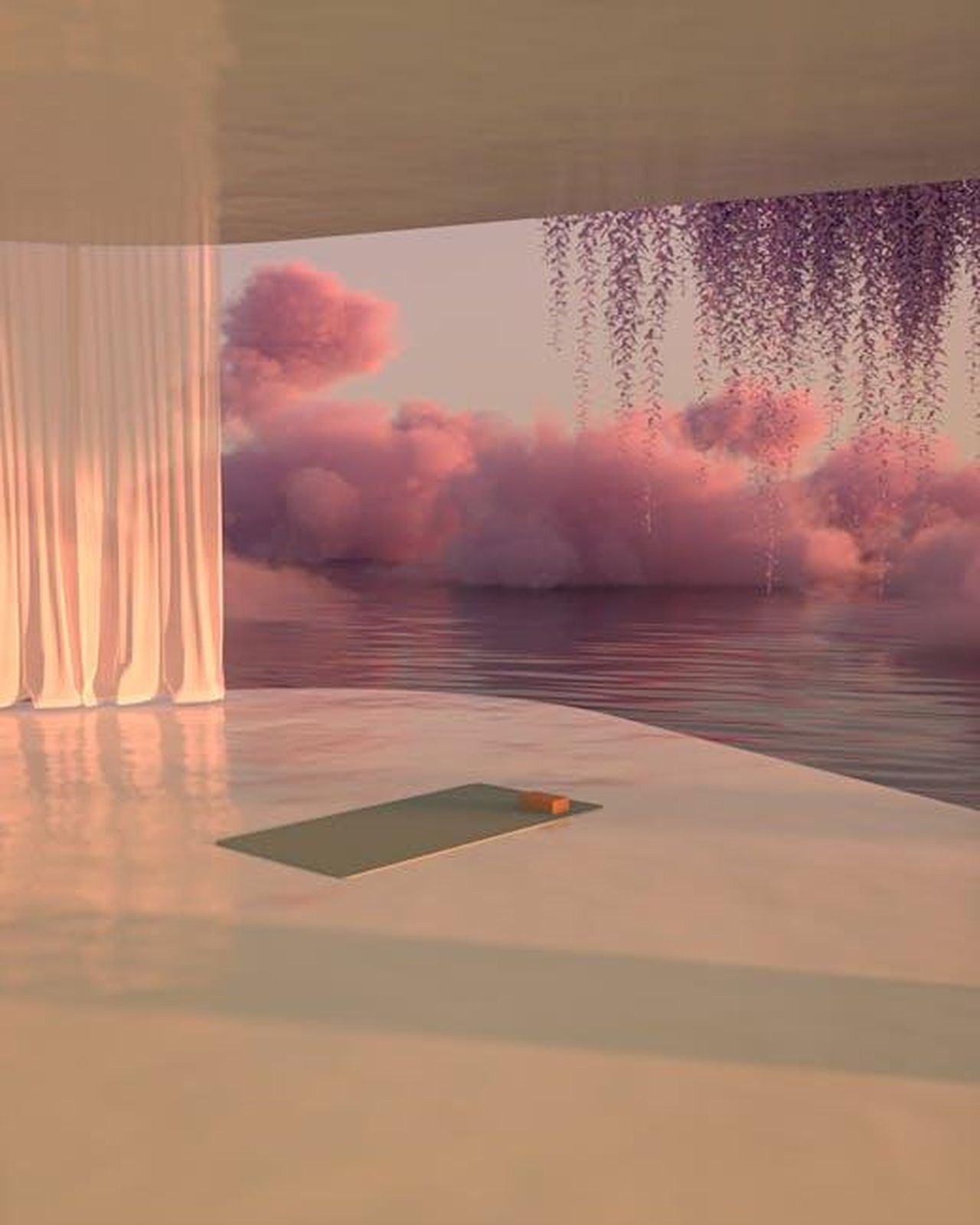 Iniziative_di_Verizon_per_il_benessere_digitale_JSRdJVFdrX - Confidenze24 Source: Mo Eid - pexels - A serene indoor space with pink clouds and a yoga mat by the water, perfect for relaxation.