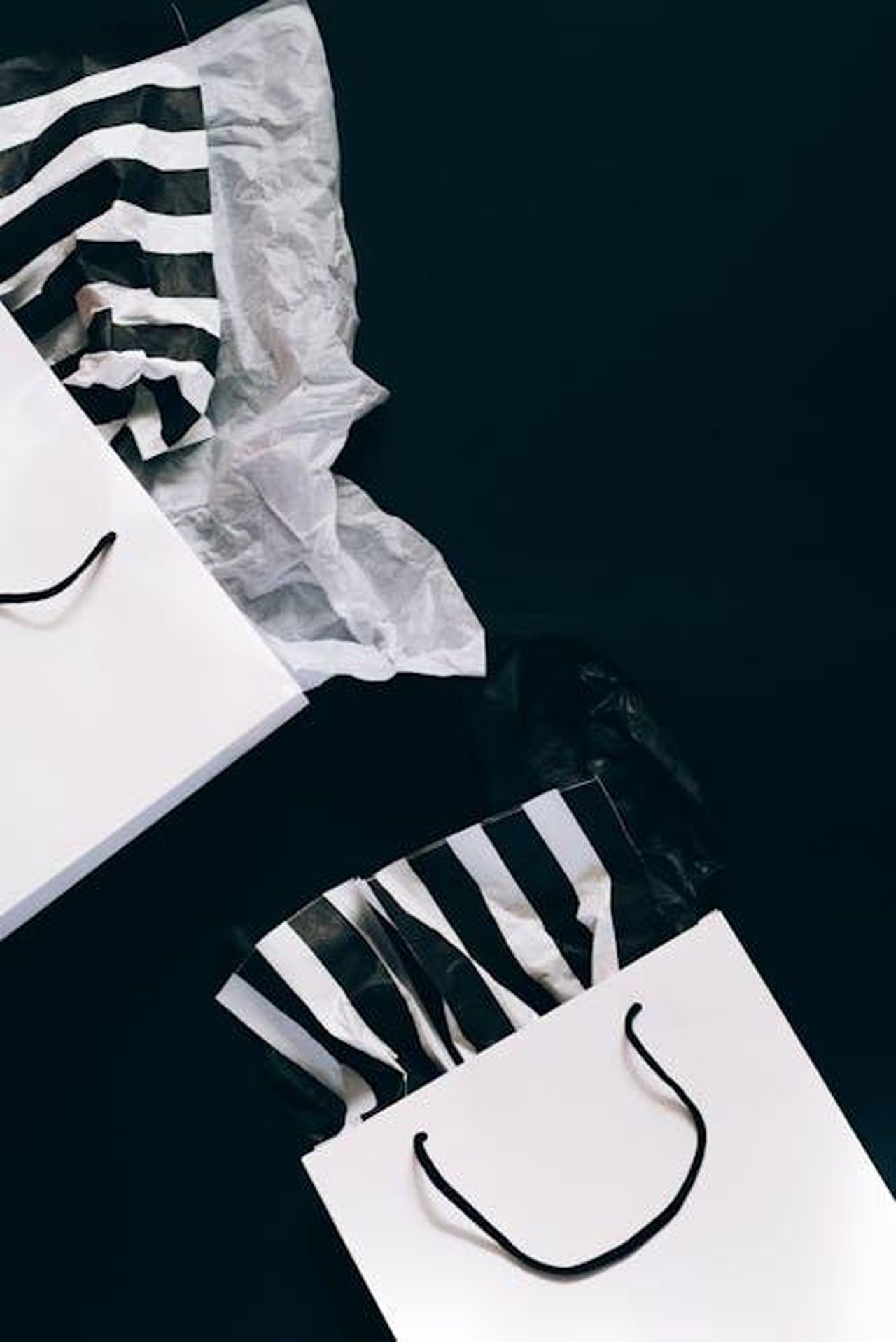 La_borsa_Brooklyn_di_Coach_unicona_della_moda_WG30aqx0cs - Confidenze24 Source: Leeloo The First - pexels - Stylish black and white shopping bags with striped tissue paper, perfect for holiday sales promotions.