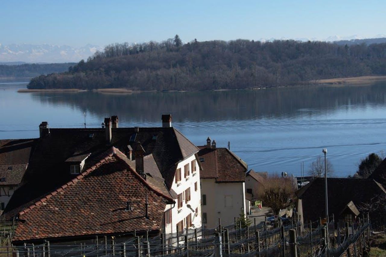 La_vita_di_Audrey_in_Svizzera_con_la_famiglia_2C1ZfJDrNY - Confidenze24 Source: Jean-Paul Wettstein - pexels - Scenic view of a tranquil Swiss lakeside village with distant mountains and blue skies.