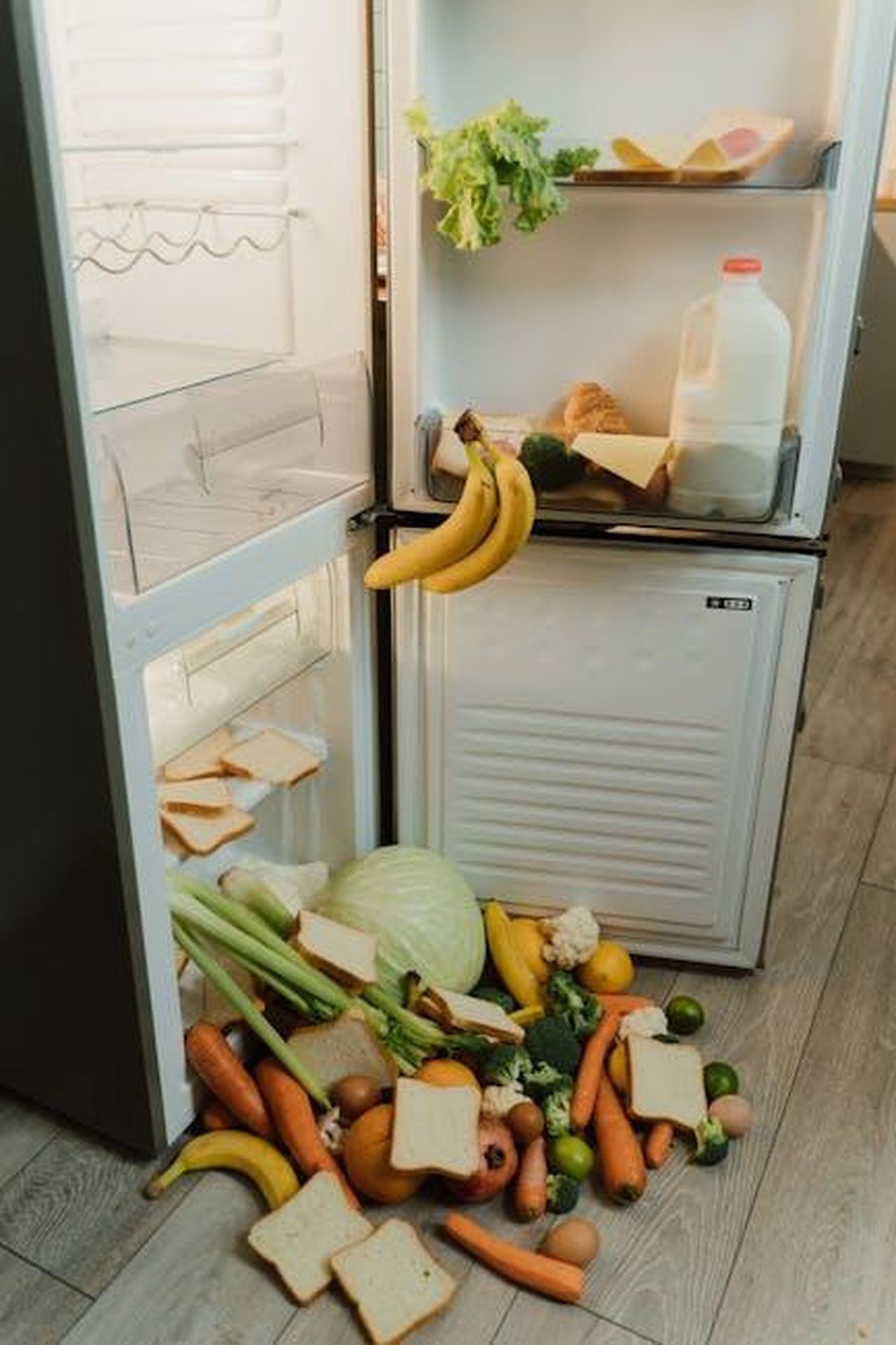 Lamore_di_Meghan_per_lorganizzazione_del_frigorifero_0PtXSbmjzf - Confidenze24 Source: Ron Lach - pexels - A messy open refrigerator with fresh vegetables and bread scattered on the floor.