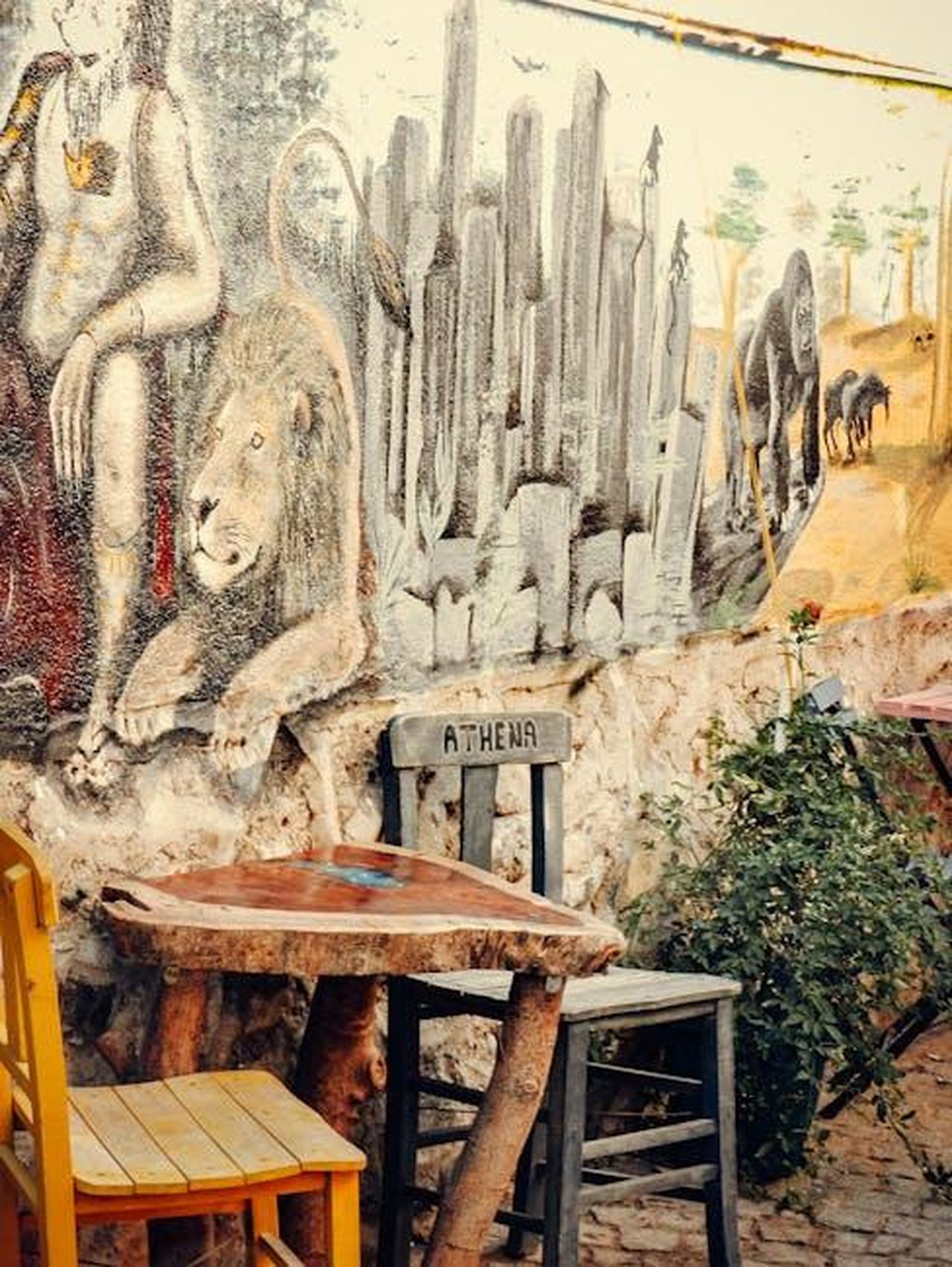 Lispirazione_dai_nomi_mitologici_e_dai_nomi_di_cognome_CkJ65pugYh - Confidenze24 Source: Ayşe - pexels - A cozy outdoor cafe featuring a unique wall mural with animals and mythological themes.