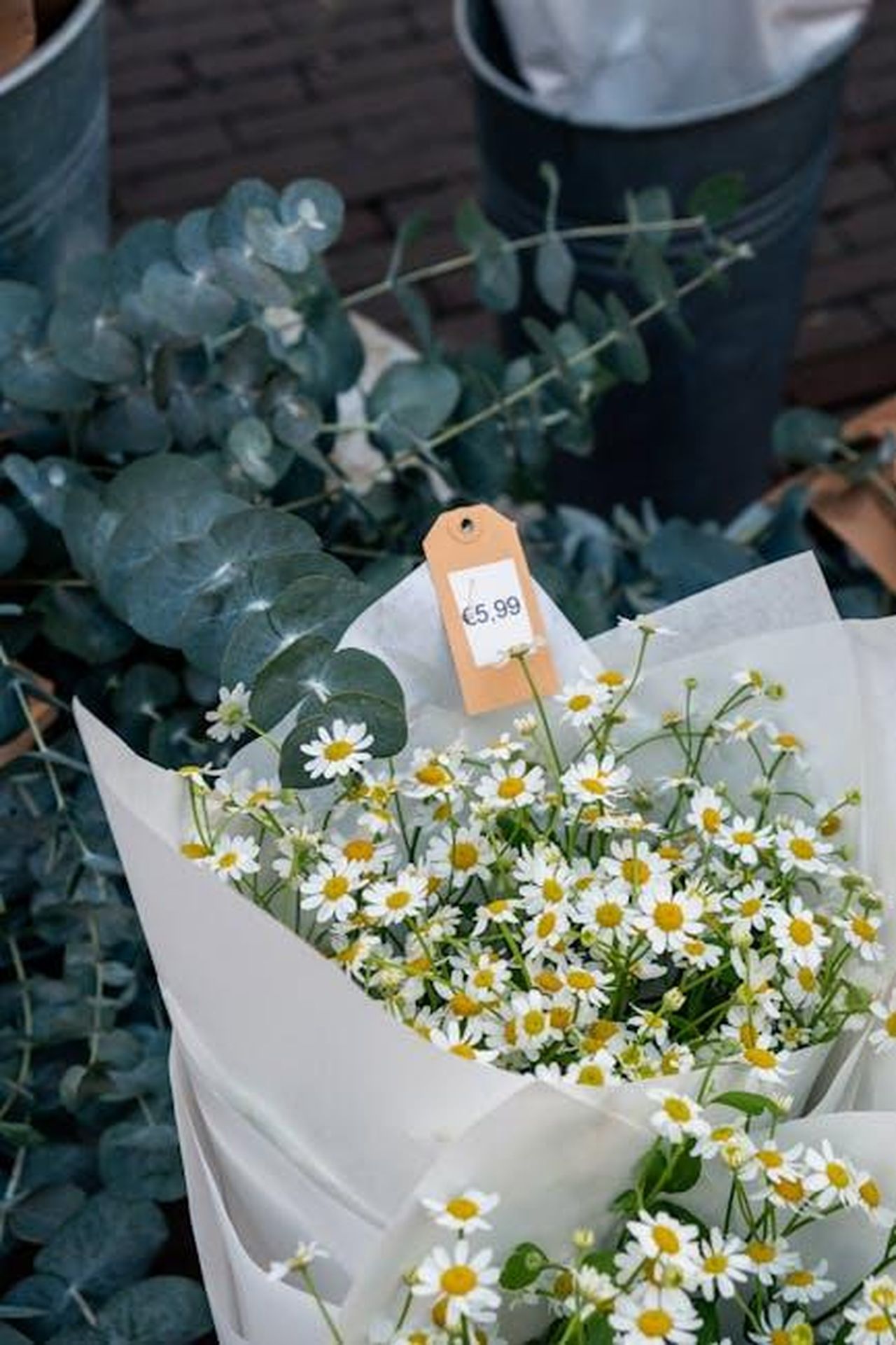 Offerta_speciale_su_Amazon_WQi2eR5n6r - Confidenze24 Source: Annaëlle Quionquion - pexels - Fresh bouquet of daisies priced at €5.99 in a vibrant market setting.