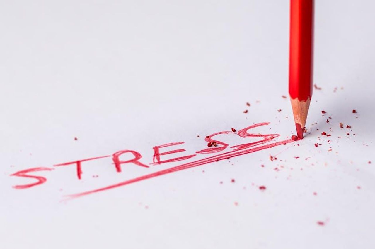 Pressione_e_aspettative_per_Ryan_Seacrest_vdxcq8fdNY - Confidenze24 Source: Pedro Figueras - pexels - Close-up of a red pencil writing 'stress' on paper, symbolizing pressure and creativity.