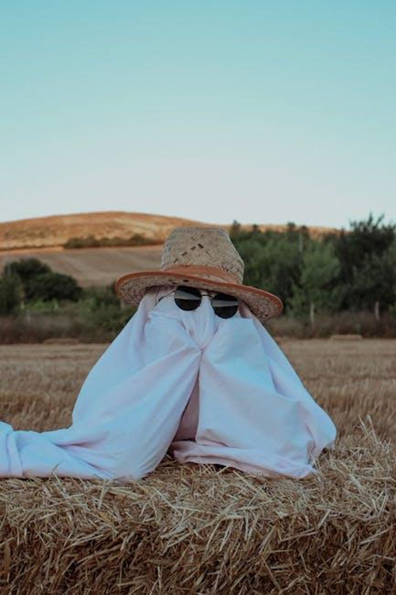 Recitare__una_vacanza_UyuNJC0Fne - Confidenze24 Source: Ebru DOĞAN - pexels - A funny ghost costume with sunglasses and sunhat on hay bale in rural setting.