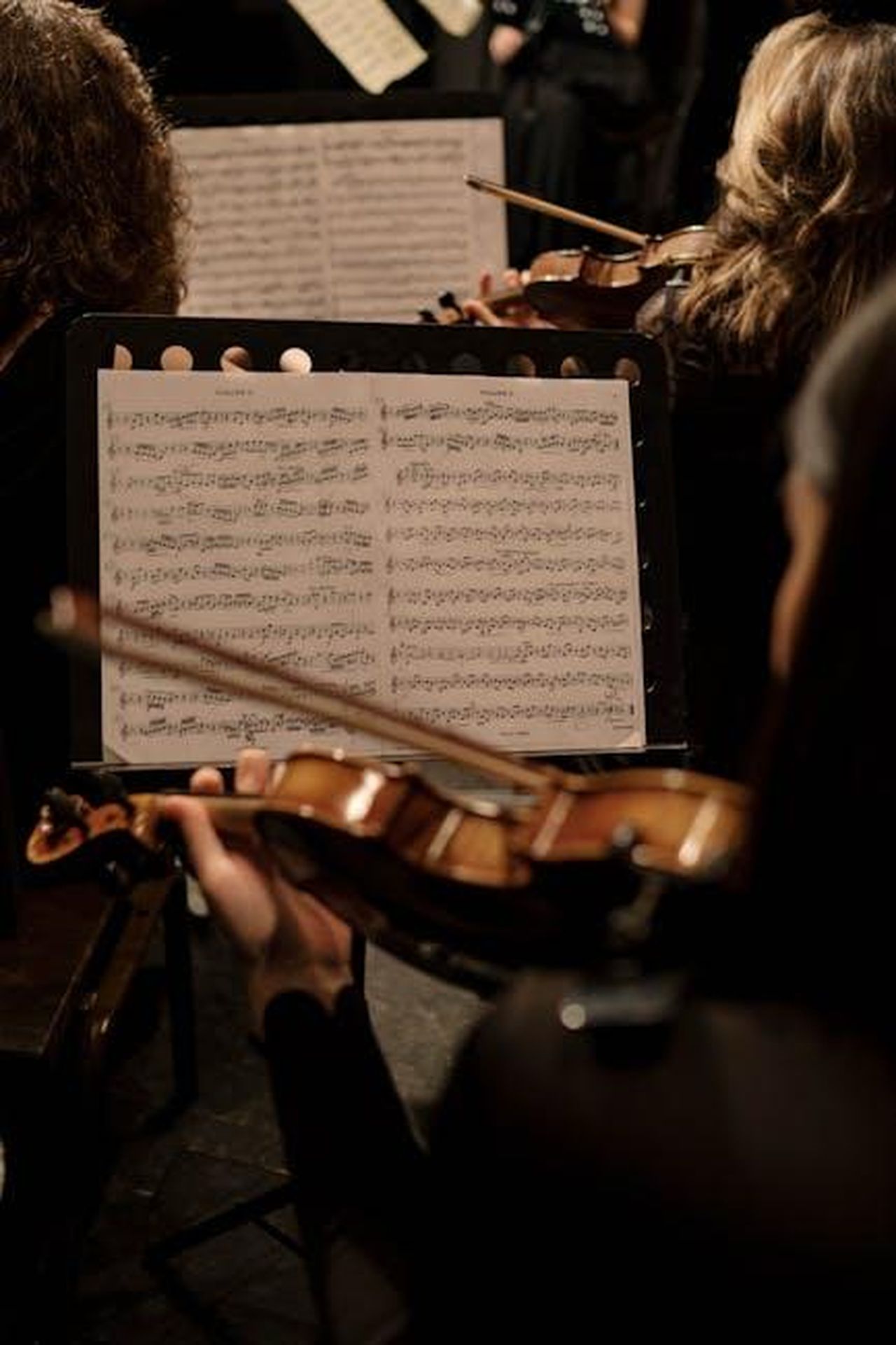 Source: cottonbro studio - pexels - An orchestra violinist during a performance, focusing on sheet music and the instrument.